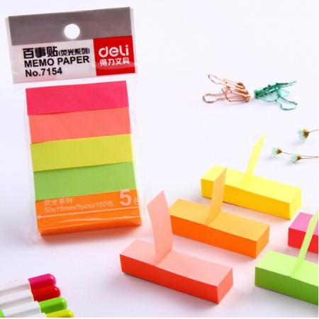 得力(deli)熒光標簽貼便簽本 貼紙N次貼便利貼  3包裝(5色共1500張) 7154