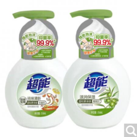超能洗手液泡沫抑菌258ml清新袪味+258m滋潤保濕