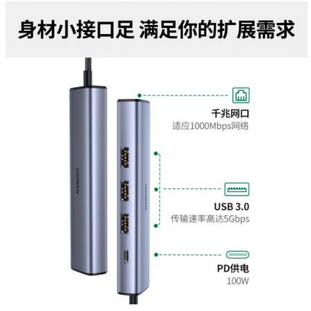 綠聯(lián) Type-C擴(kuò)展塢拓展塢網(wǎng)線轉(zhuǎn)接頭帶千兆網(wǎng)口轉(zhuǎn)USB3.0分線器雷電3/4蘋(píng)果MacBook筆記本M1/2芯片通用五合一