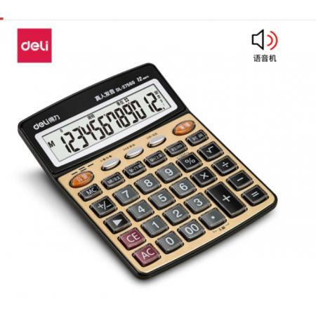 得力(deli)大屏金色面板語音計(jì)算器 學(xué)生/辦公口算 12位顯示真人語音計(jì)算機(jī) 辦公文具用品 中號 27560