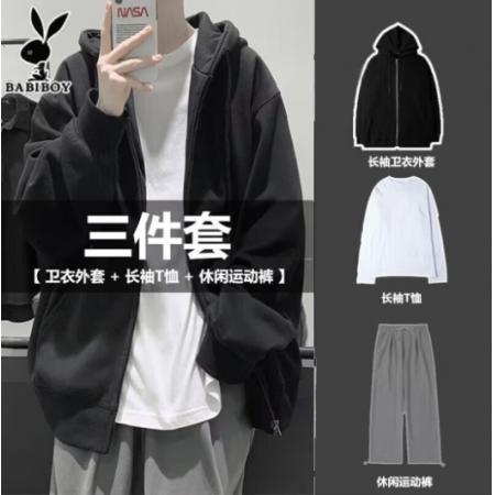 BABIBOY黑色衛(wèi)衣+白長(zhǎng)t+灰褲