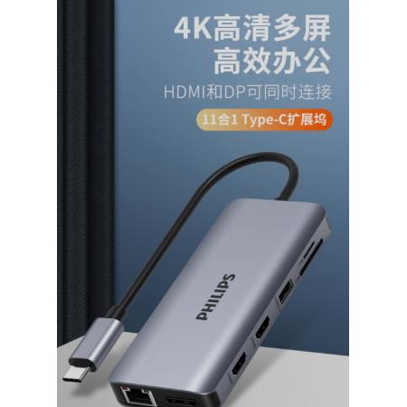 飛利浦 SWR1602K Type-c擴展塢4K60Hz投屏 USB-C轉雙HDMI/DP/千兆網口拓展塢轉接頭MST模式蘋果華為筆記本轉換器11合1