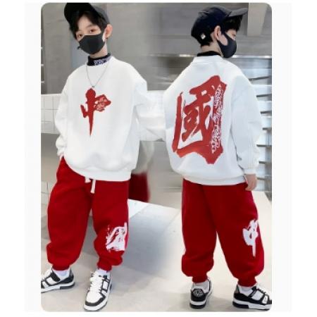 元旦街舞兒童潮服中國(guó)風(fēng)小學(xué)生運(yùn)動(dòng)會(huì)班服爵士幼兒園啦啦隊(duì)演出服（米色中國(guó)衛(wèi)衣＋酒紅中國(guó)長(zhǎng)褲＋帽子）
