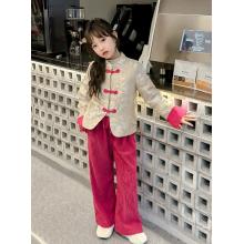 女童新中式年服套裝兒童元旦演出服高級(jí)感唐裝羽絨上衣褲子兩件套