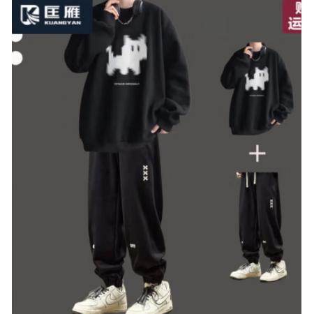 匡雁休閑套裝男秋冬季運(yùn)動搭配寬松加絨衛(wèi)衣衛(wèi)褲潮流美式穿搭一整套 【常規(guī)款】黑色+黑色休閑褲 M
