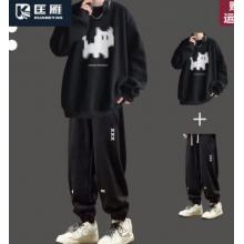 匡雁休閑套裝男秋冬季運(yùn)動搭配寬松加絨衛(wèi)衣衛(wèi)褲潮流美式穿搭一整套 【常規(guī)款】黑色+黑色休閑褲 M
